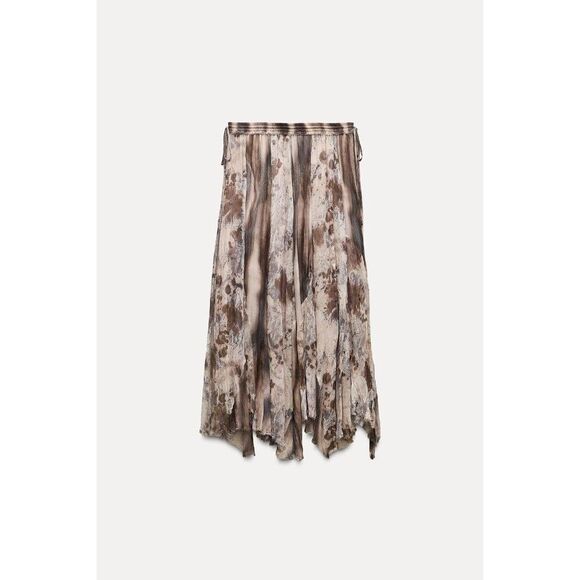 Zara Women Midi Skirt L Brown Animal Print Patchwork Chiffon Flowy 8486/043 NWT - Picture 1 of 12